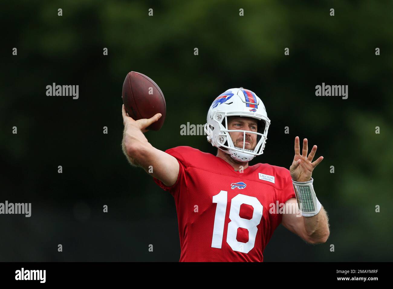 Buffalo Bills quarterback Case Keenum (18) throws during practice at
