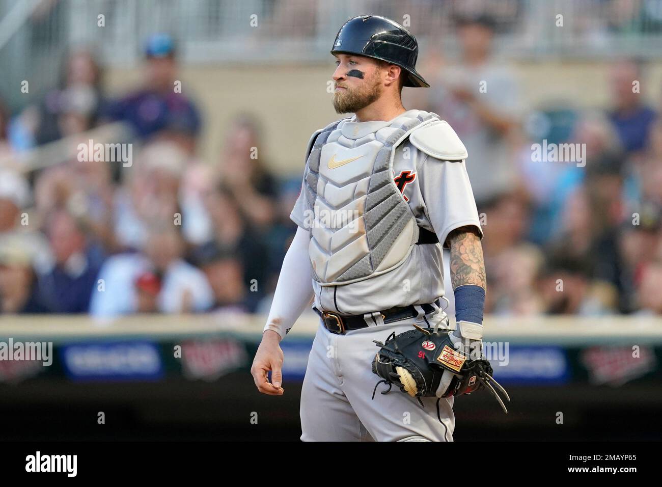 Detroit Tigers catcher Eric Haase looks on against the Minnesota Twins