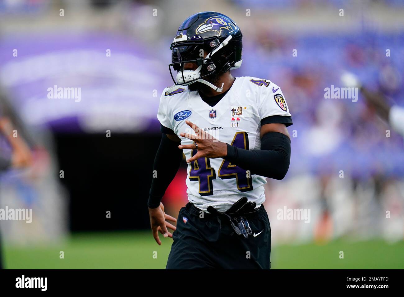 Baltimore Ravens cornerback Marlon Humphrey works out during the team's