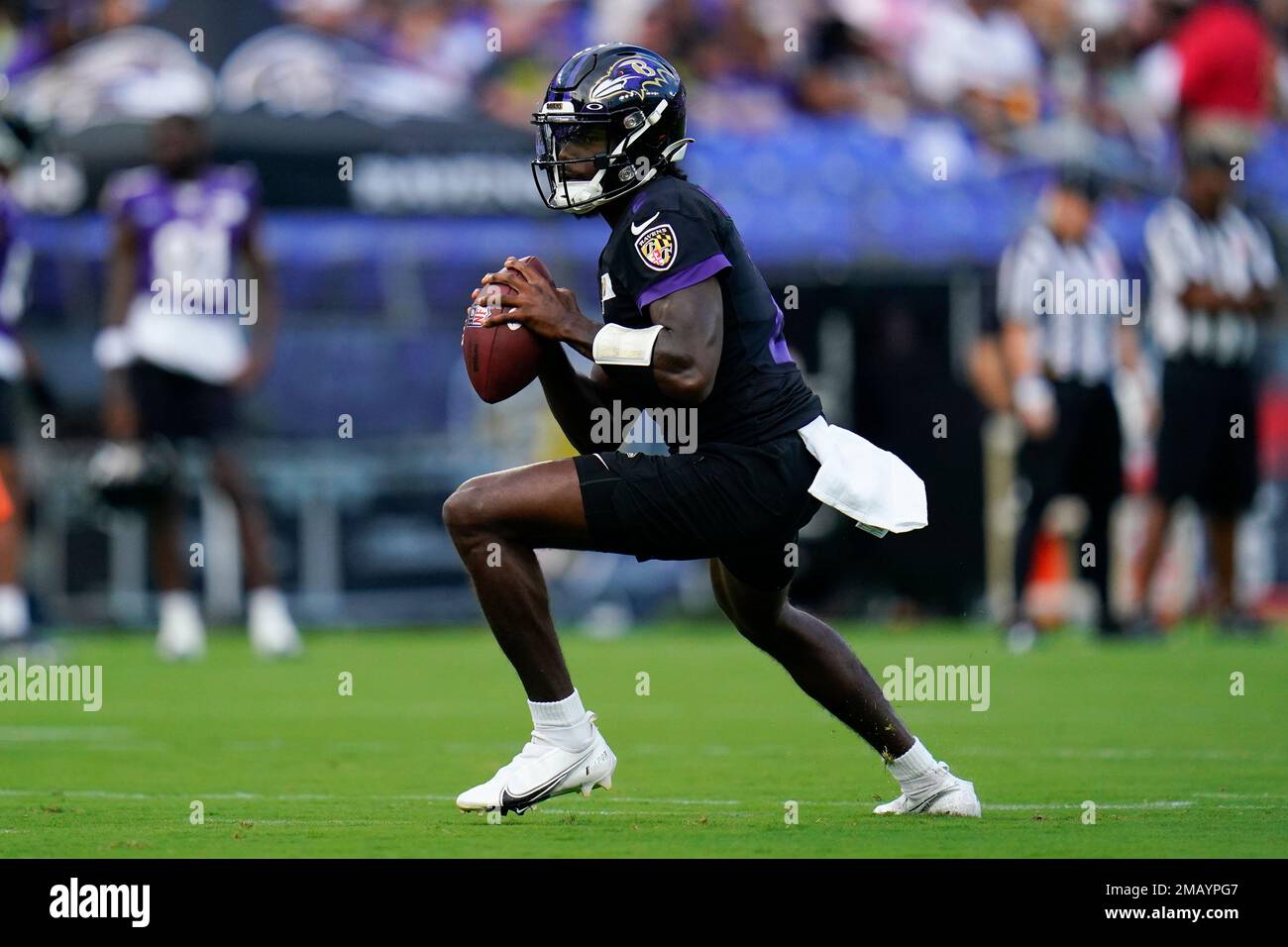 Baltimore Ravens quarterback Tyler Huntley works out during the team's