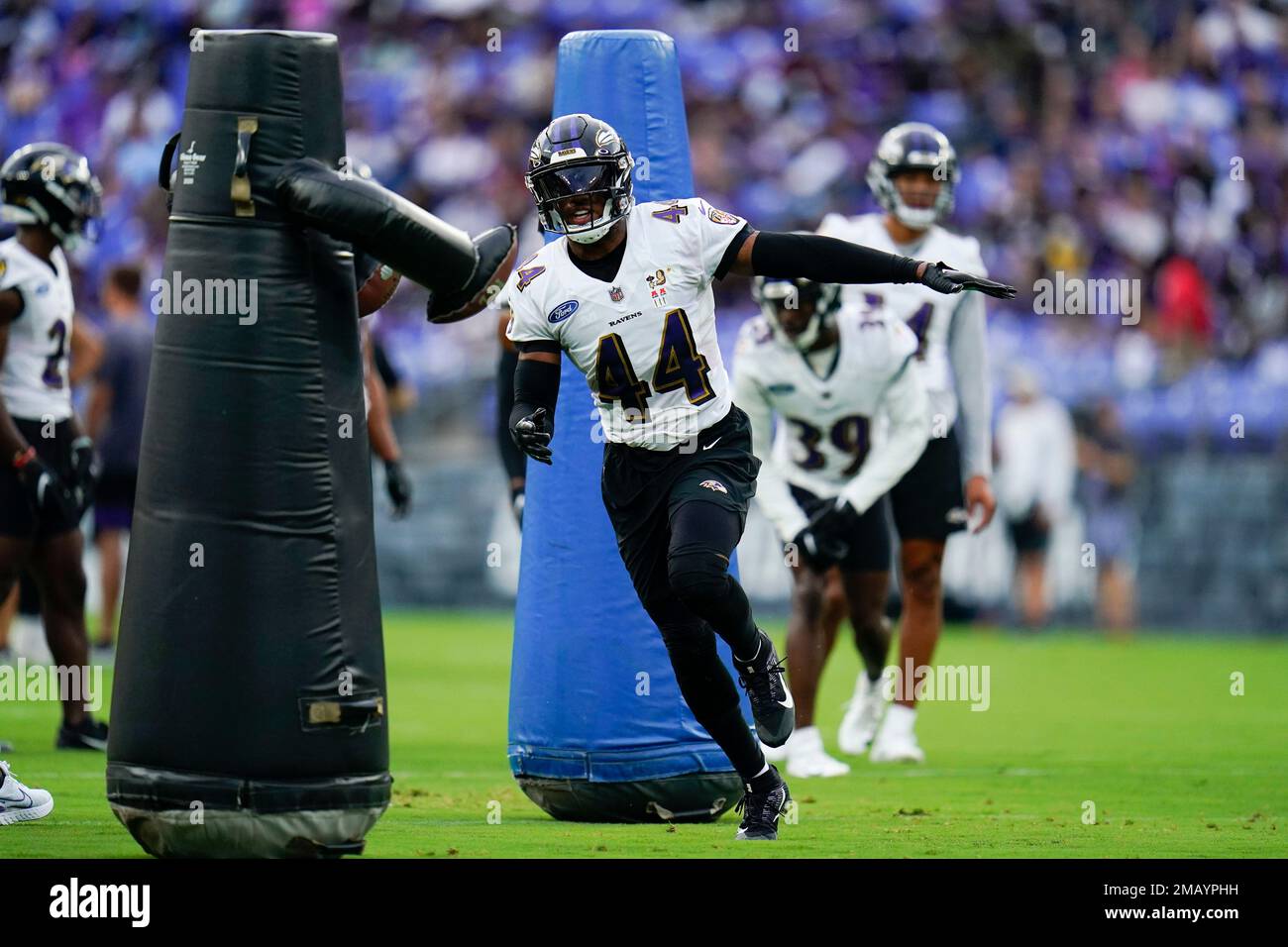 Baltimore Ravens cornerback Marlon Humphrey works out during the team's