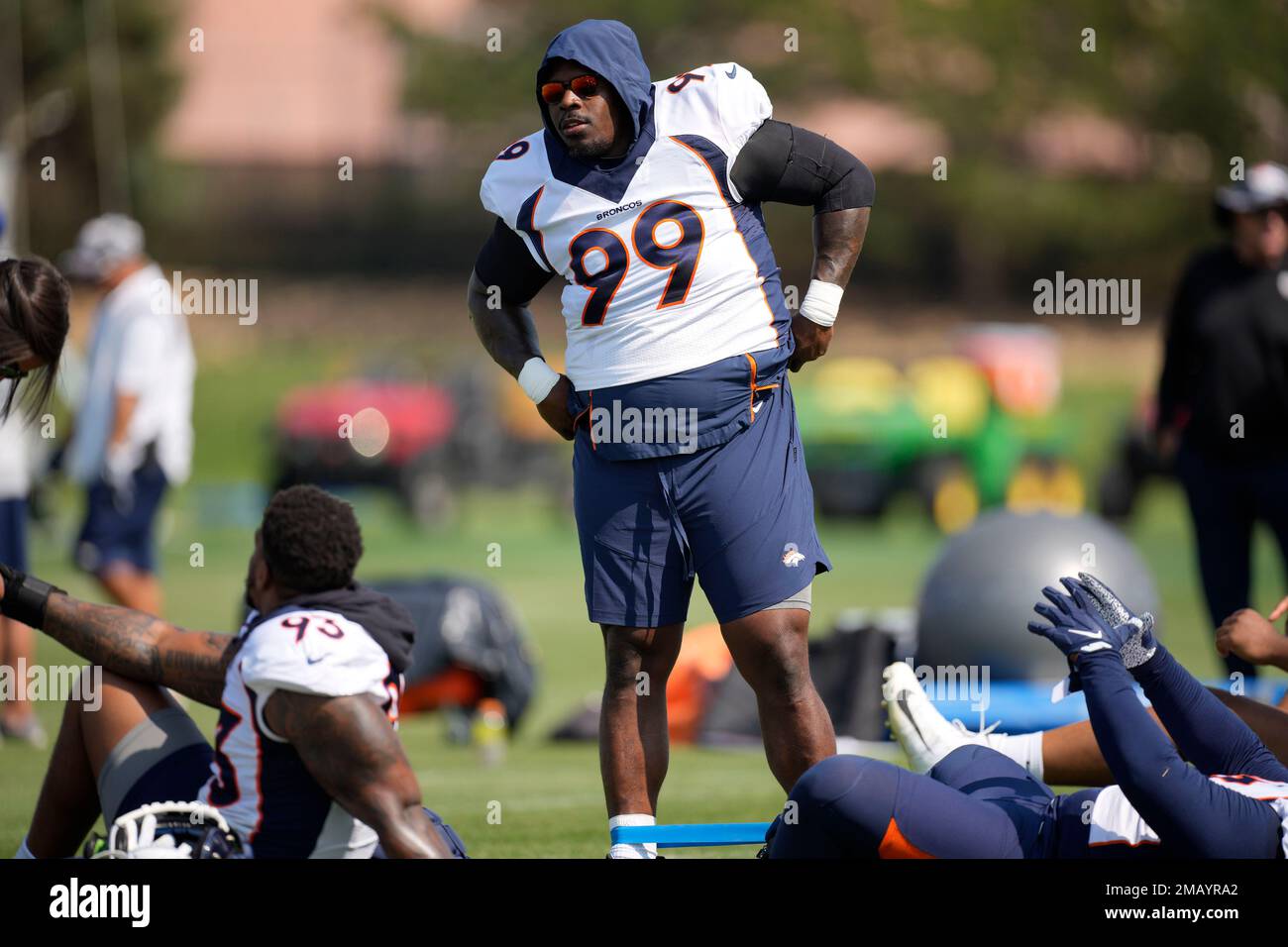 Denver Broncos defensive end DeShawn Williams takes part in drills during  the NFL football team's training camp Monday, Aug. 1, 2022, at the team's  headquarters in Centennial, Colo. (AP Photo/David Zalubowski Stock