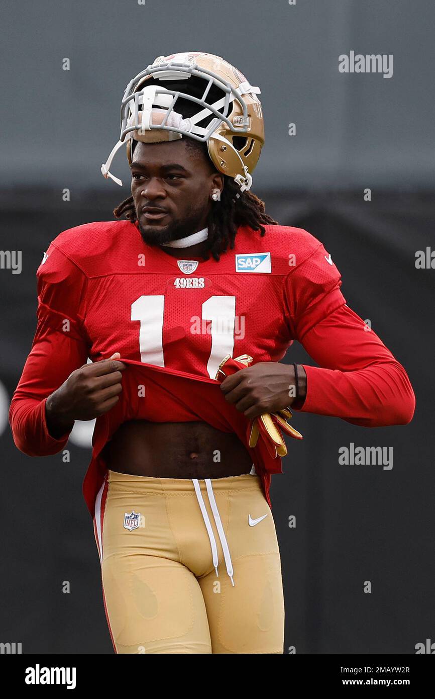San Francisco 49ers wide receiver Brandon Aiyuk takes part in drills at ...