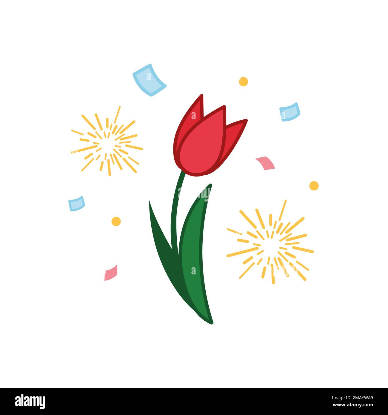 Hand drawn Tulip flower icon with confetti and firework. Vector ...