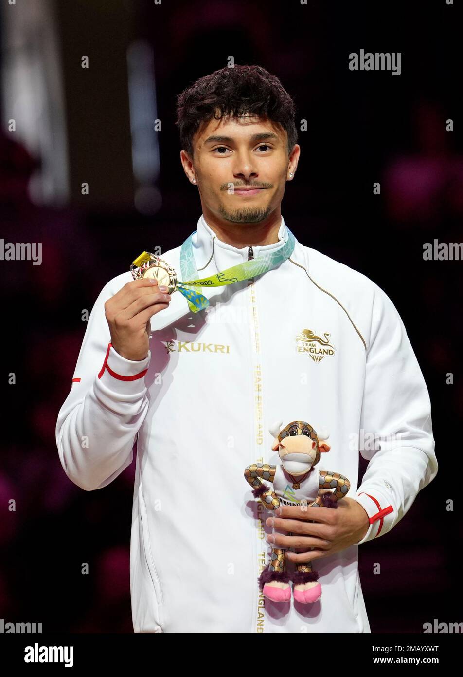 Jake Jarman of Team England celebrates after wining Gold medal in apparatus Men's final Floor