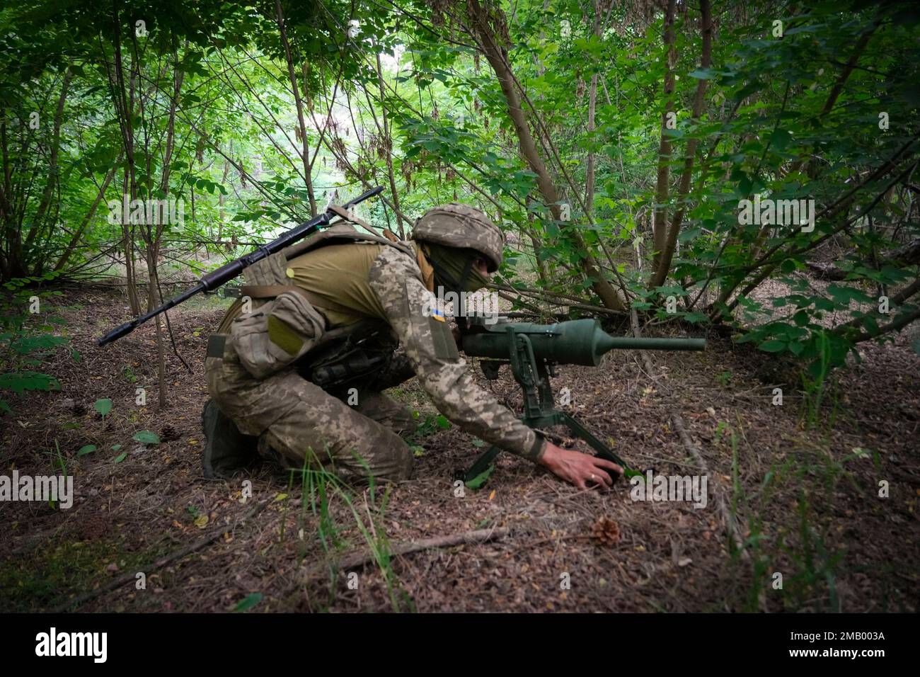 A soldier of Ukraine's special operations unit lays a Germany-donated DM22  directional anti-tank mine on a forest road on the Russian troops'  potential way in the Donetsk region, Ukraine, late Tuesday, June