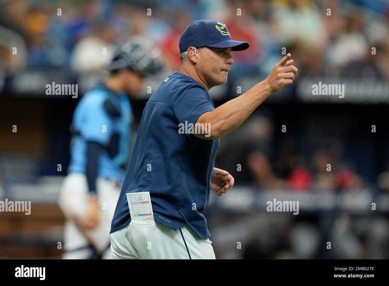 Tampa Bay Rays manager Kevin Cash mkaes a pitching change against the