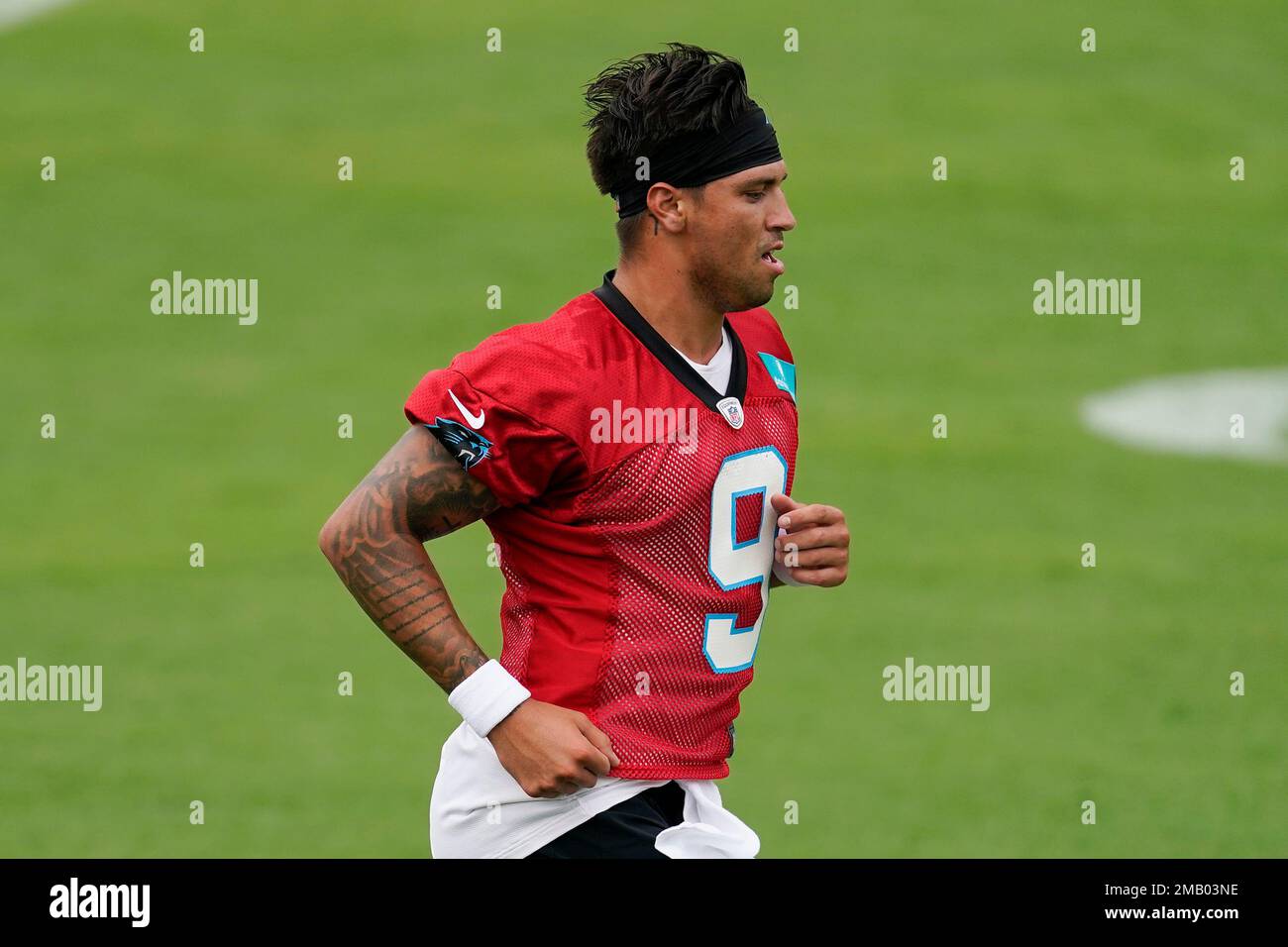 Carolina Panthers' Matt Corral practices during the NFL football team's