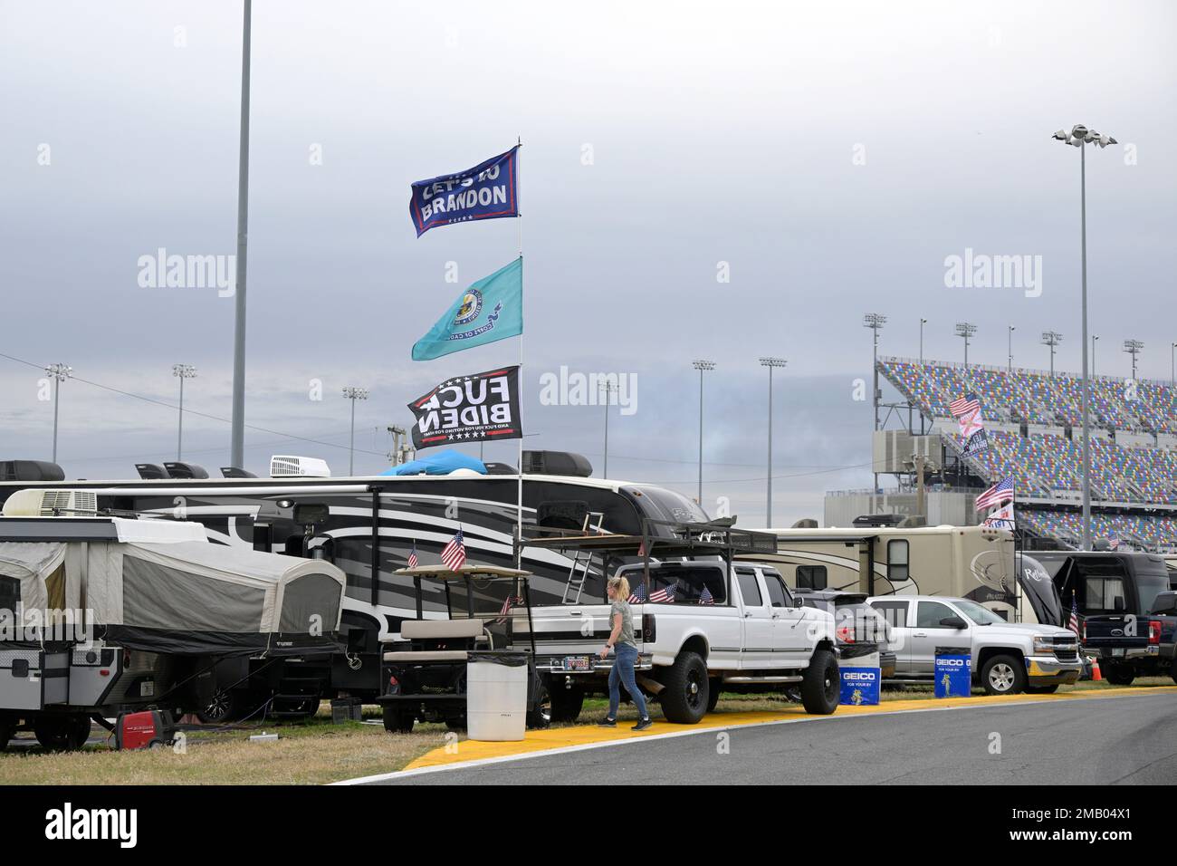 Let's Go Brandon flags are viewed outside recreational vehicles parked ...