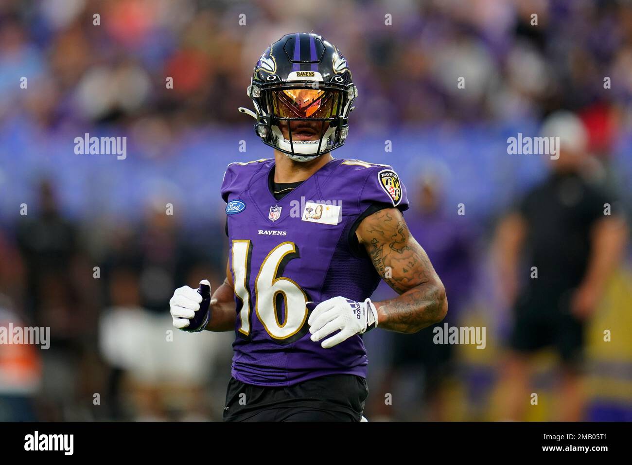 Baltimore Ravens wide receiver Tylan Wallace works out during the team ...