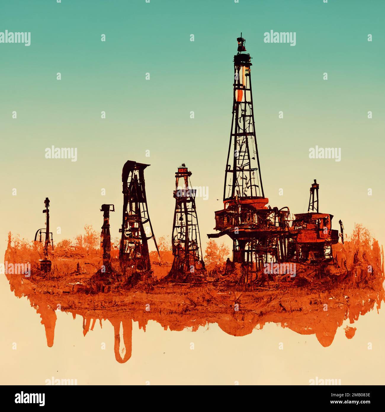 AI generated image. Oil industry concept. Old and in decline oil wells. Stock Photo