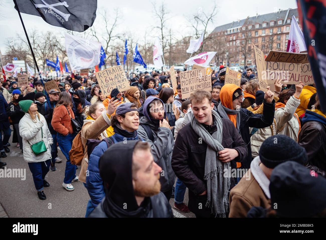 Strasbourg, France - Jan 19, 2023: Elevated view of large crowd at protest against the French government's planned pension reform to push the retirement age from 62 to 64 unions have called for mass social action Stock Photo