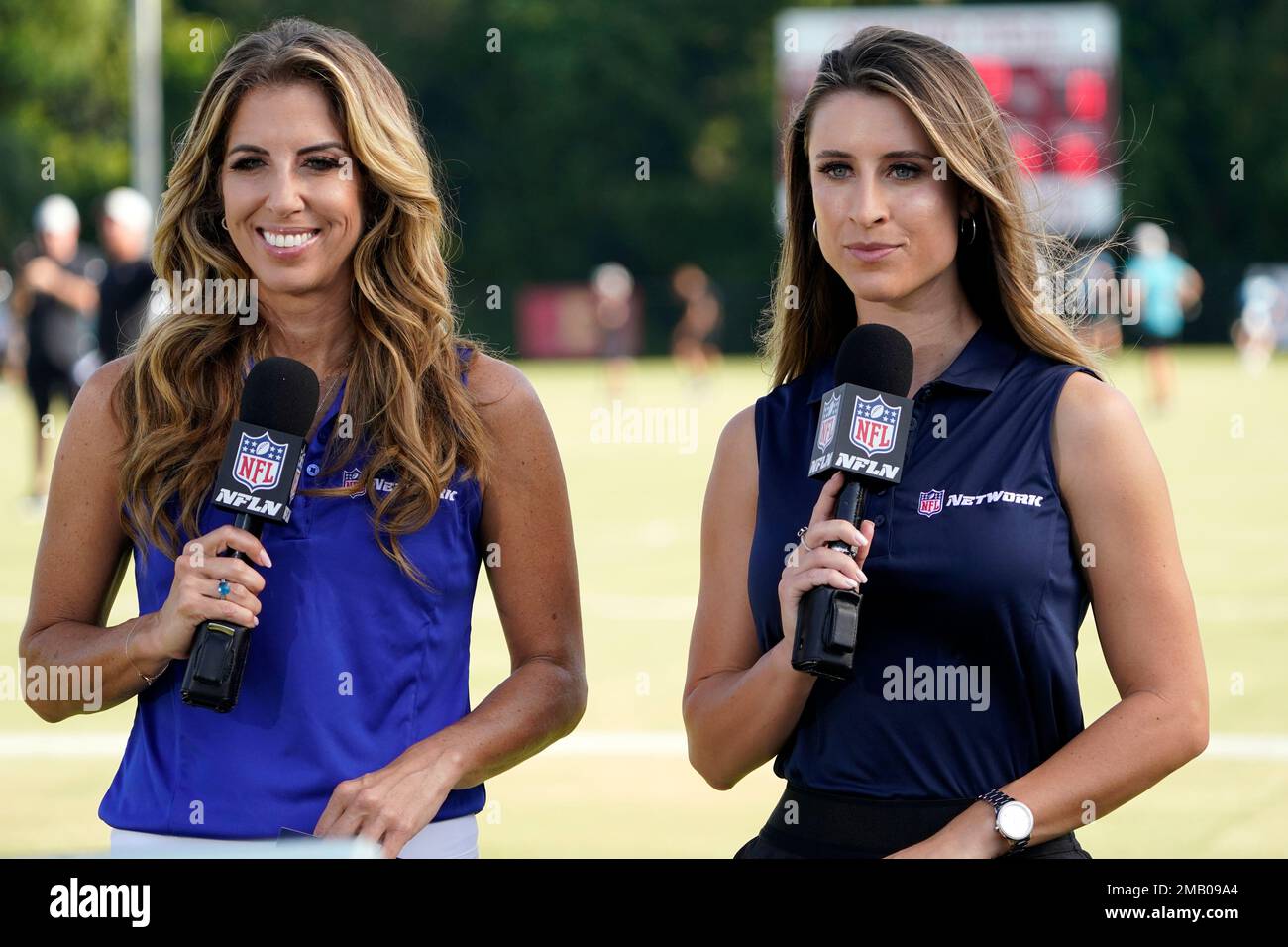NFL Network reporters Sara Walsh, left, and Ashlyn Sullivan get ready