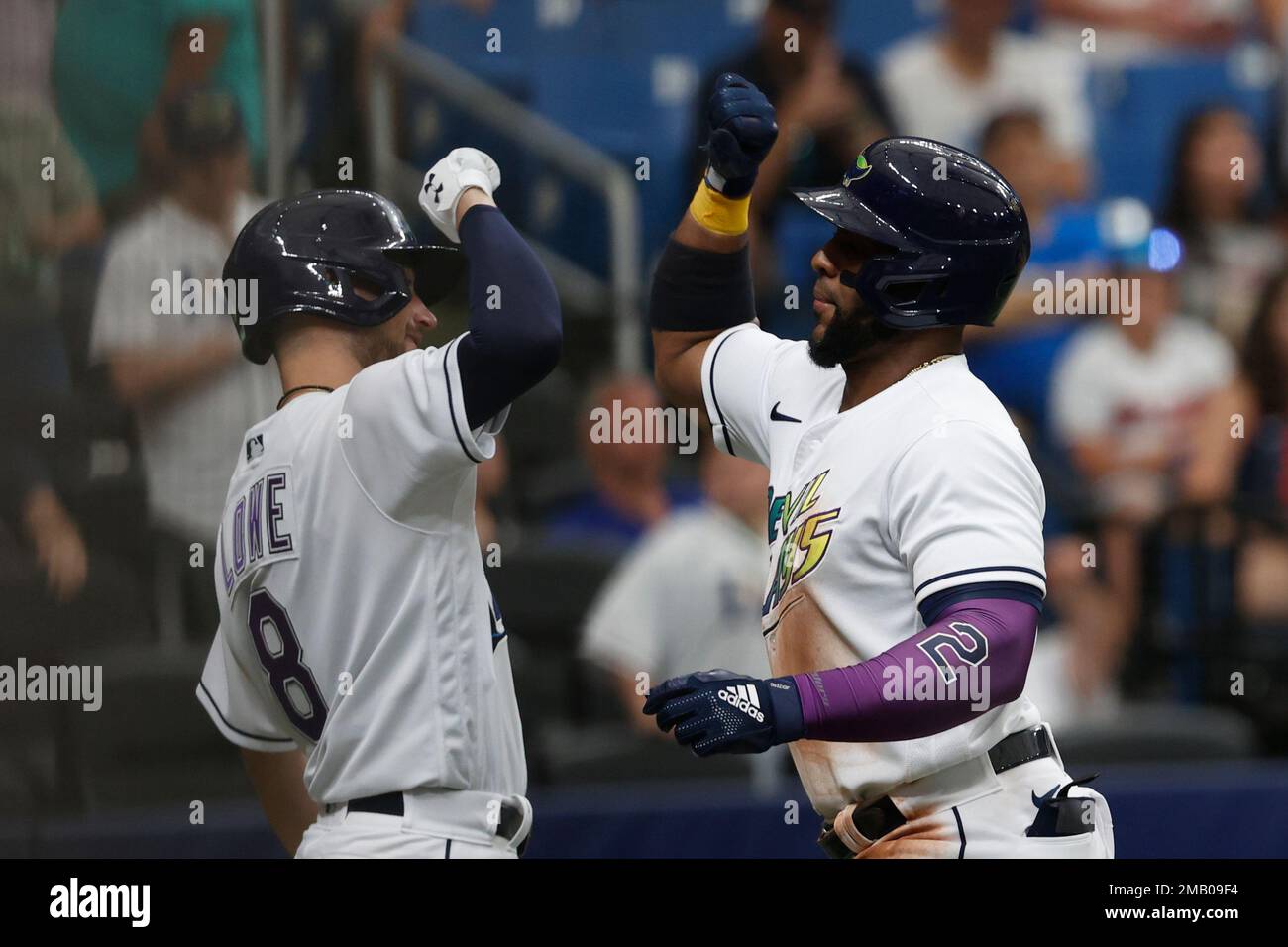Tampa Bay Rays' Yandy Diaz, right, celebrates with teammate Brandon
