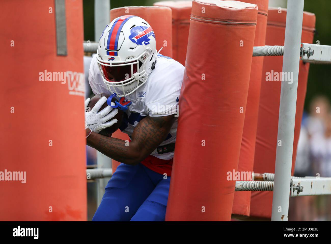 Buffalo Bills running back Duke Johnson (22) takes part in a drill during  practice at the NFL football team's training camp in Pittsford, N.Y.,  Saturday July 30, 2022. (AP Photo/Joshua Bessex Stock