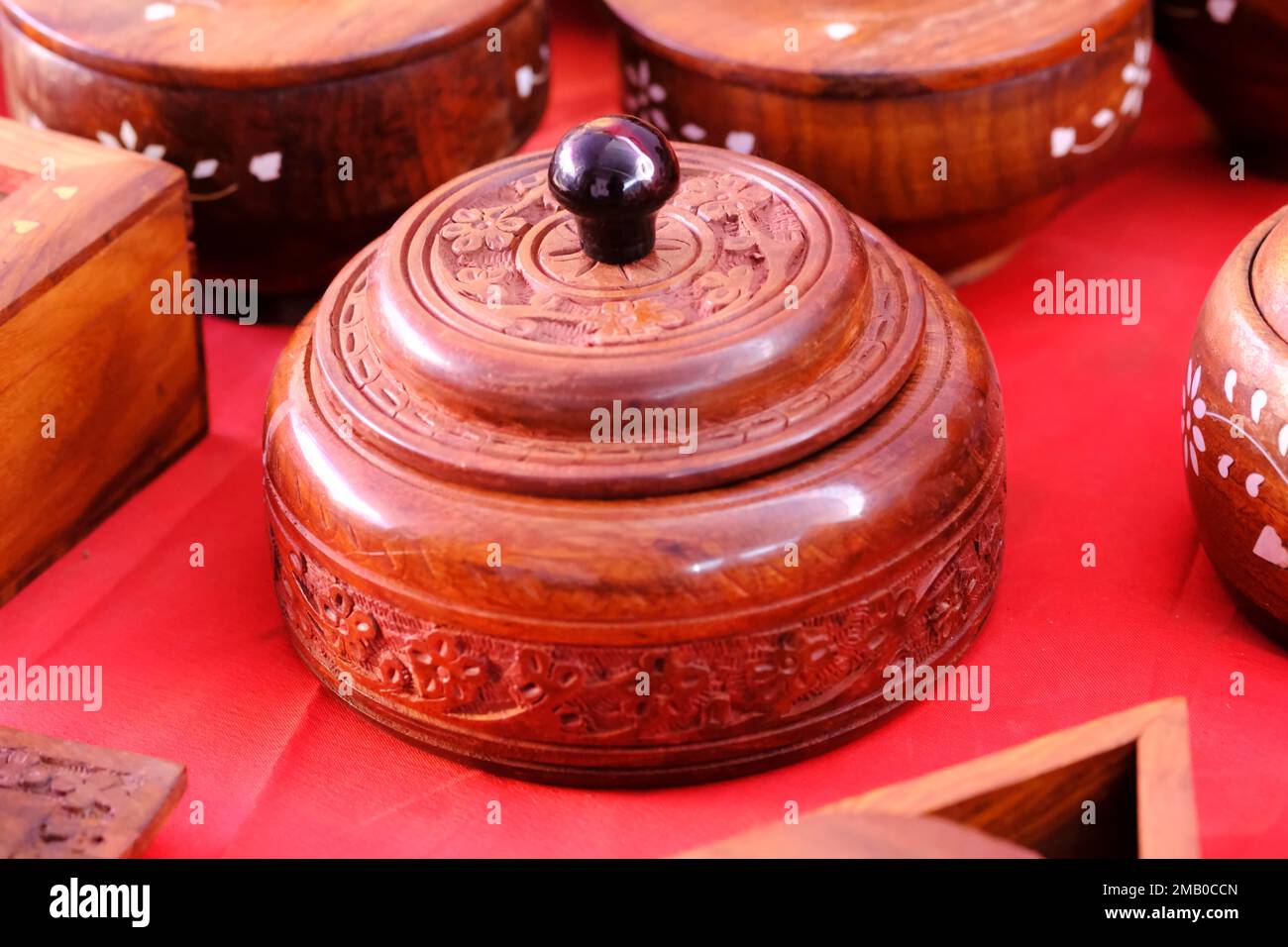 Wooden handcraft , carved on wooden, toys and articles on display. Incredible India. Stock Photo