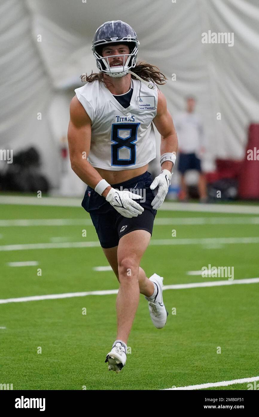 Tennessee Titans wide receiver Cody Hollister takes part in drills during  training camp at the NFL football team's practice facility Friday, July 29,  2022, in Nashville, Tenn. (AP Photo/Mark Humphrey Stock Photo 