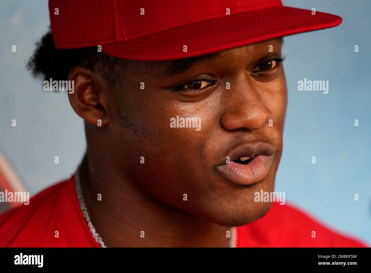 Elijah Green, the Washington Nationals' first round draft pick, speaks with  members of the press before a baseball game between Nationals and the St. Louis  Cardinals, Friday, July 29, 2022, in Washington. (