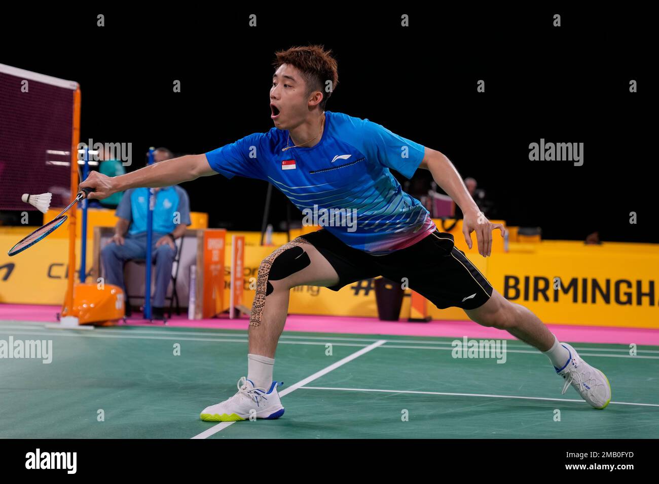 Singapores Jia Heng Teh competes against Kennie Maarten King of Barbados in the mixed team event badminton competition at the Commonwealth Games in Birmingham, England, Friday, July 29, 2022