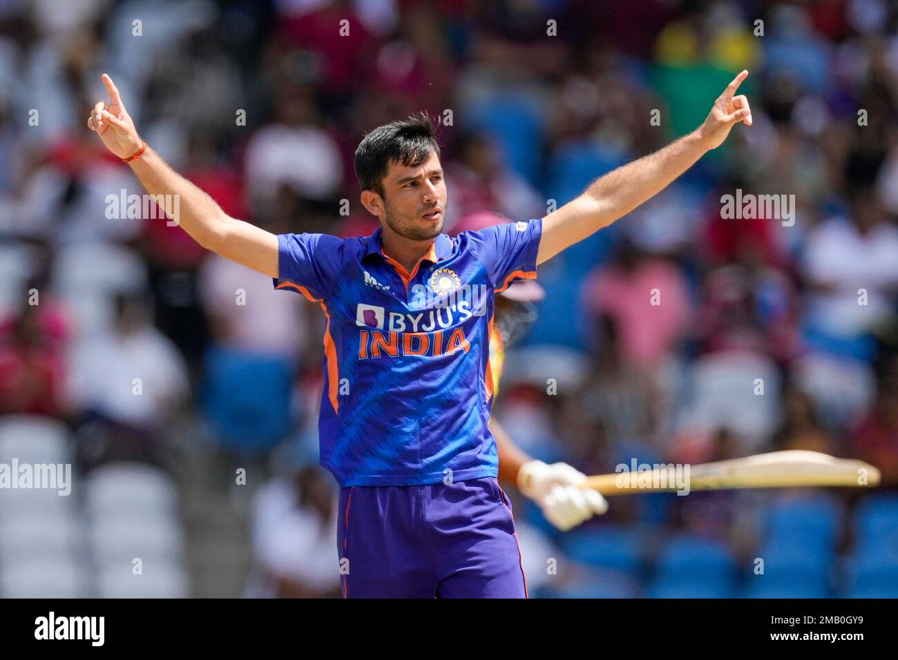 India's Ravi Bishnoi celebrates the dismissal of West Indies' Odean ...