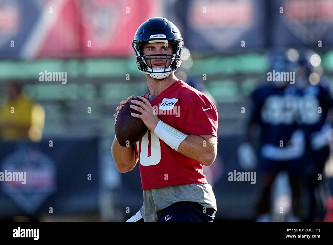 Houston Texans quarterback Davis Mills (10) throws a pass during an NFL football training camp practice Friday, July 29, 2022, in Houston