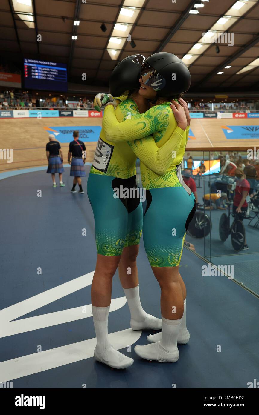Australia's Jessica Gallagher and pilot Caitlin Ward celebrate as they won gold medals at the