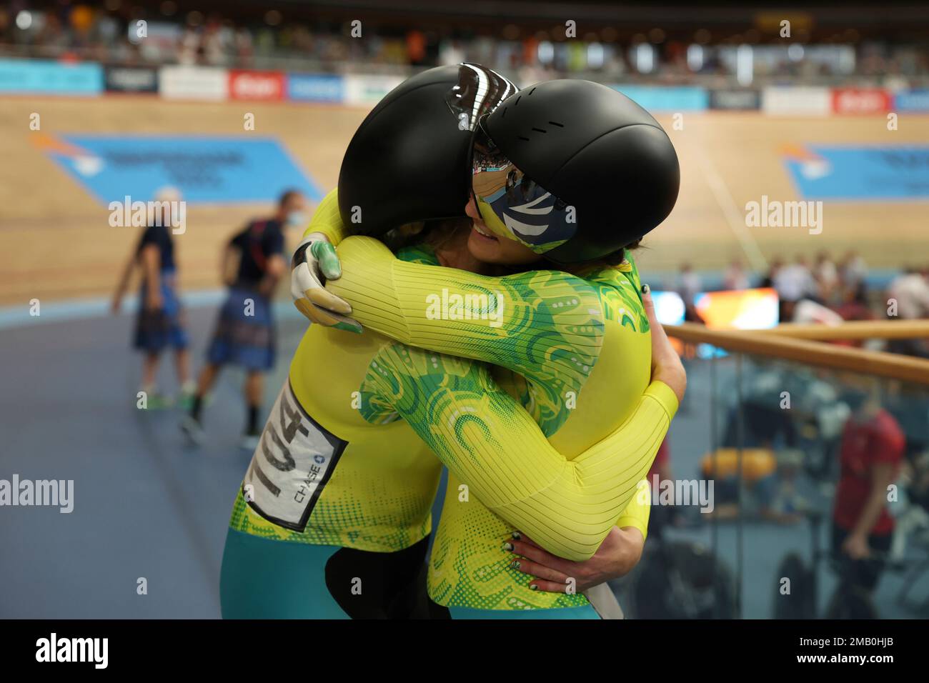 Australia's Jessica Gallagher and pilot Caitlin Ward celebrate as they won gold medals at the