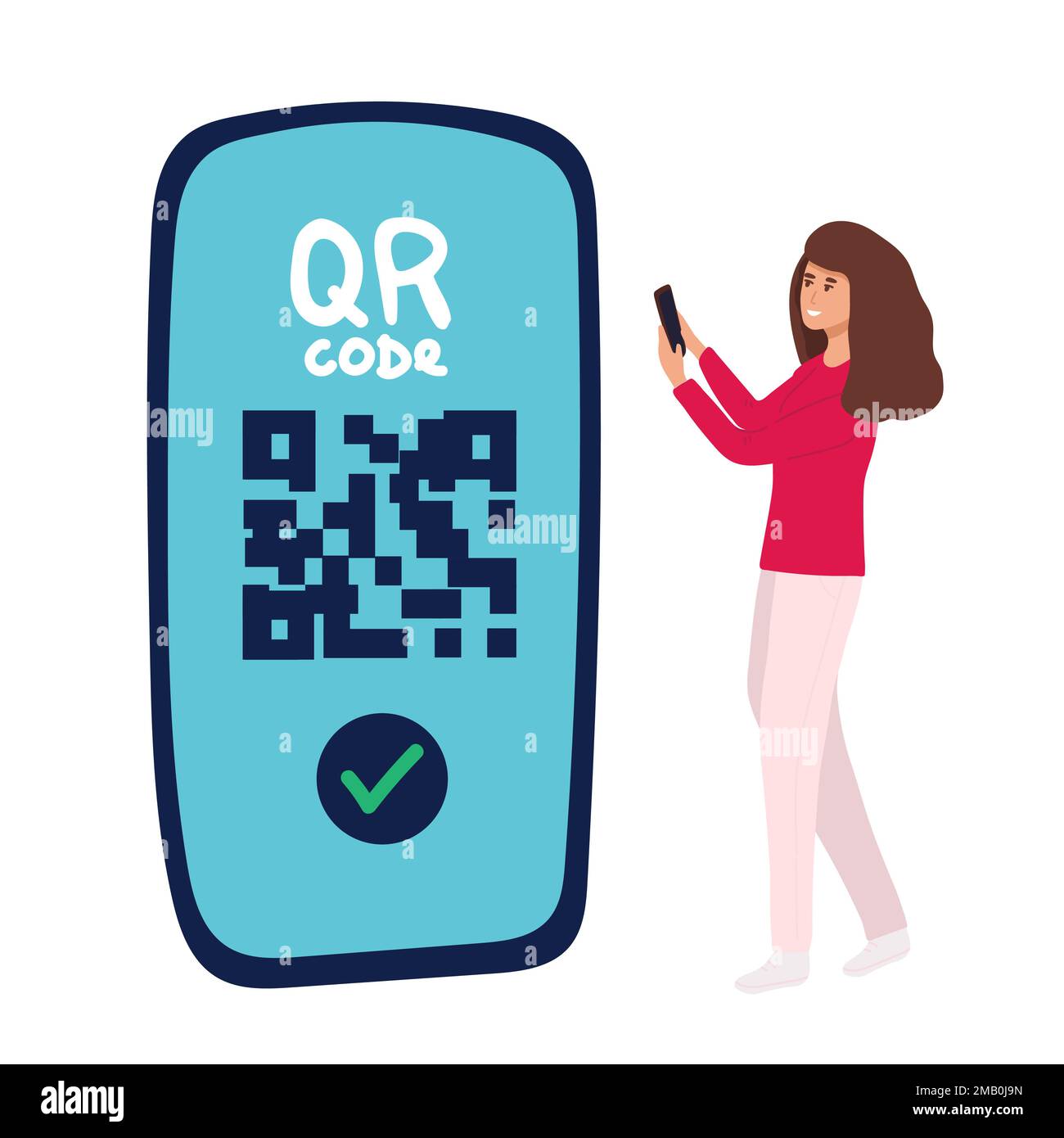 banner landidng page QR code scanning icon in smartphone. hand holding Mobile phone in line style, barcode scanner for pay, web, mobile app, promo. Ve Stock Vector