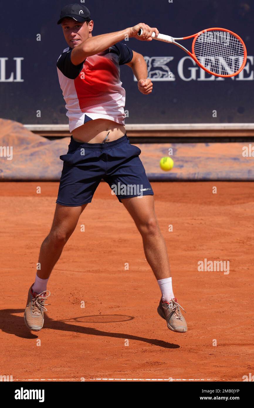 Filip Misolic of Austria serves the ball during the quarterfinal match against Dusan Lajovic of Serbia at the Generali Open tennis tournament in Kitzbuehel, Austria, Friday, July 29, 2022