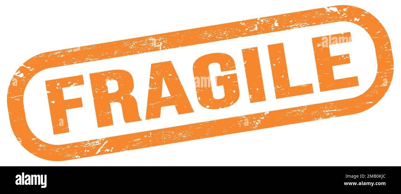 FRAGILE, text on orange rectangle stamp sign. Stock Photo
