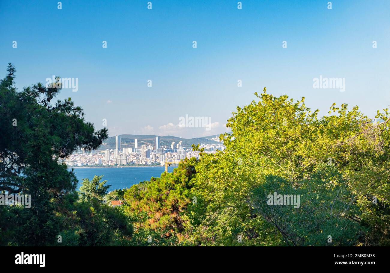 Panoramic sea view of the Istambul city with trees on the Adalar ...