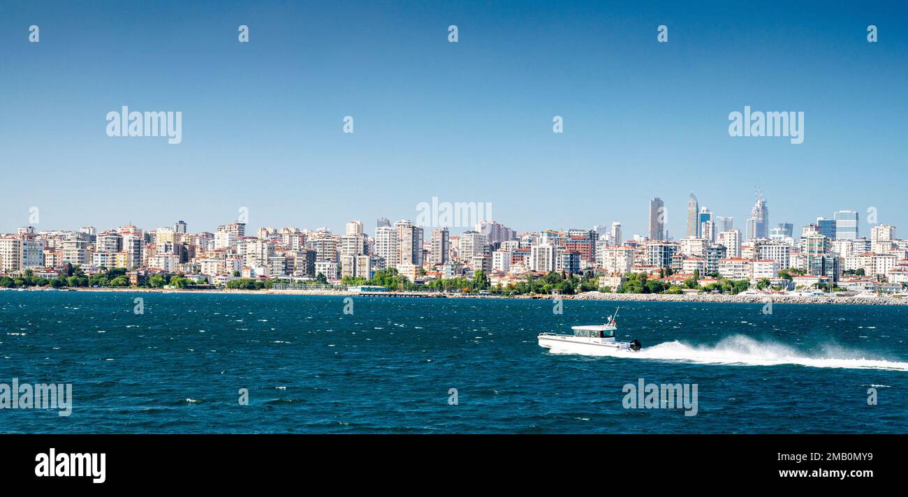 Panoramic view from the sea to Istanbul. The boat is sailing on the waves in the Sea of Marmara summer sunny day. Turkey Stock Photo