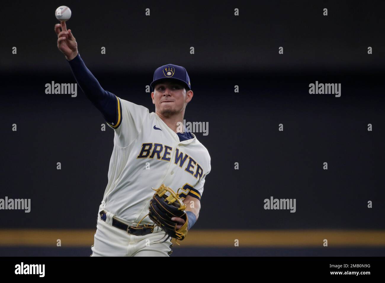 Milwaukee Brewers' Luis Urias runs during the seventh inning of a baseball  game against the Los Angeles Dodgers Friday, April 30, 2021, in Milwaukee.  (AP Photo/Morry Gash Stock Photo - Alamy