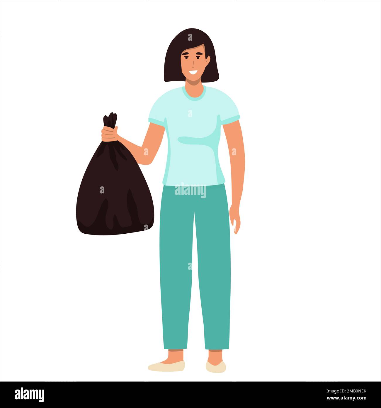 Happy woman throws away trash into green trash bin with recycling