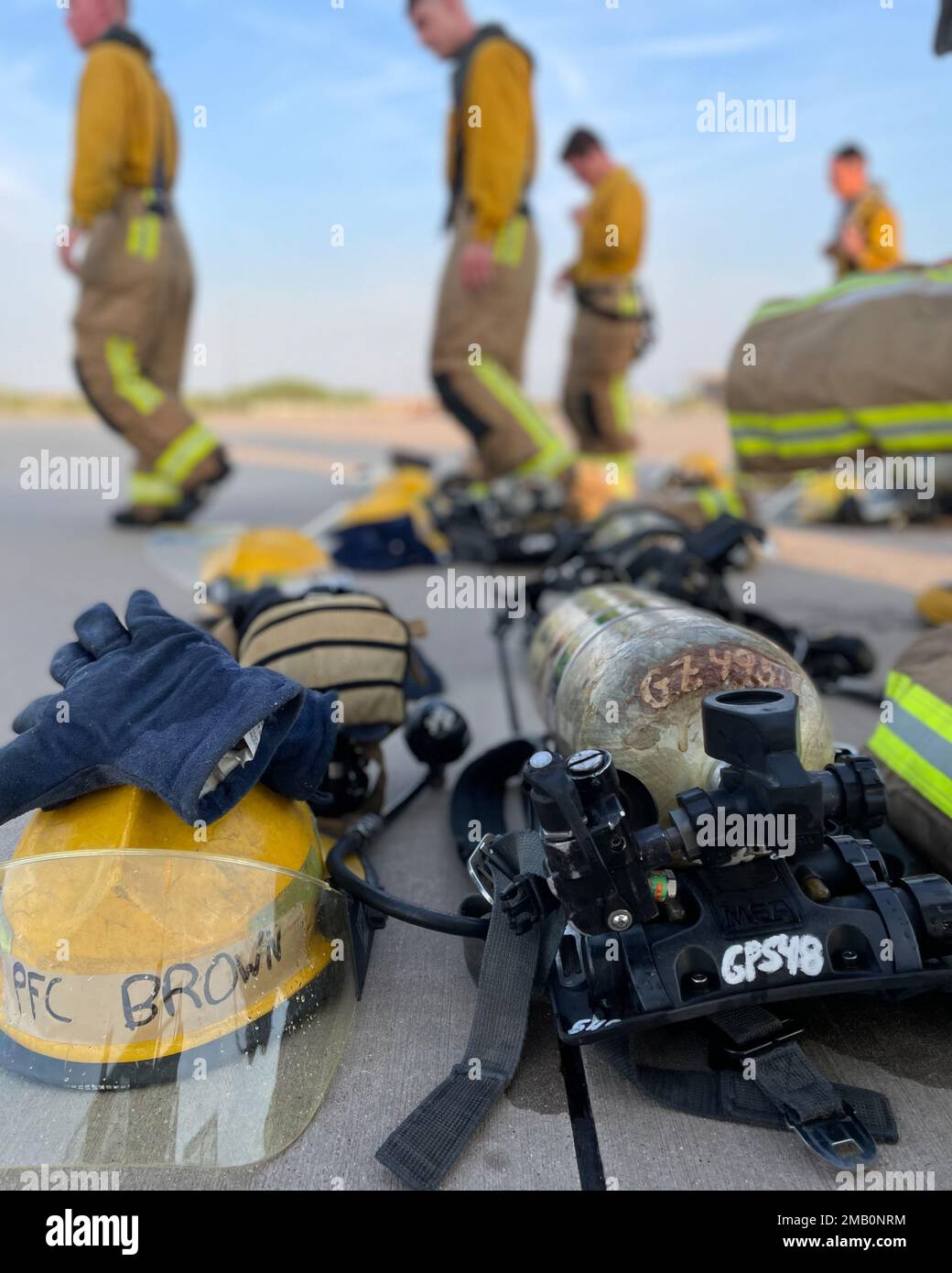 Fire protection equipment is arranged at the Louis F. Garland Department of Defense Fire Academy, Goodfellow Air Force Base, Texas, June 9, 2022. Joint service students completed their training objectives involving safely controlling a gas cylinder fire. Stock Photo