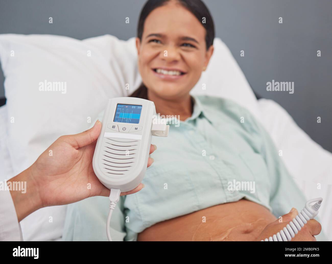 Pregnant woman, doctor check or heart monitor for baby healthcare