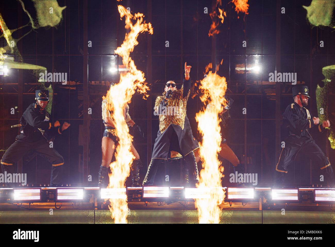 Daddy Yankee performs during his farewell tour, "La Ultima Vuelta (The Last Round)," Wednesday, July 27, 2022, in Inglewood, Calif. (Photo by Willy Sanjuan/Invision/AP) Stock Photo