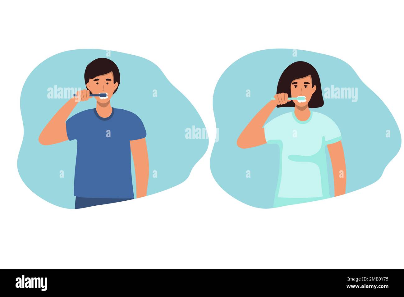 woman, man brushing his teeth. Vector illustration of a flat design. teeth cleaning, healthy teeth. concept Stock Vector