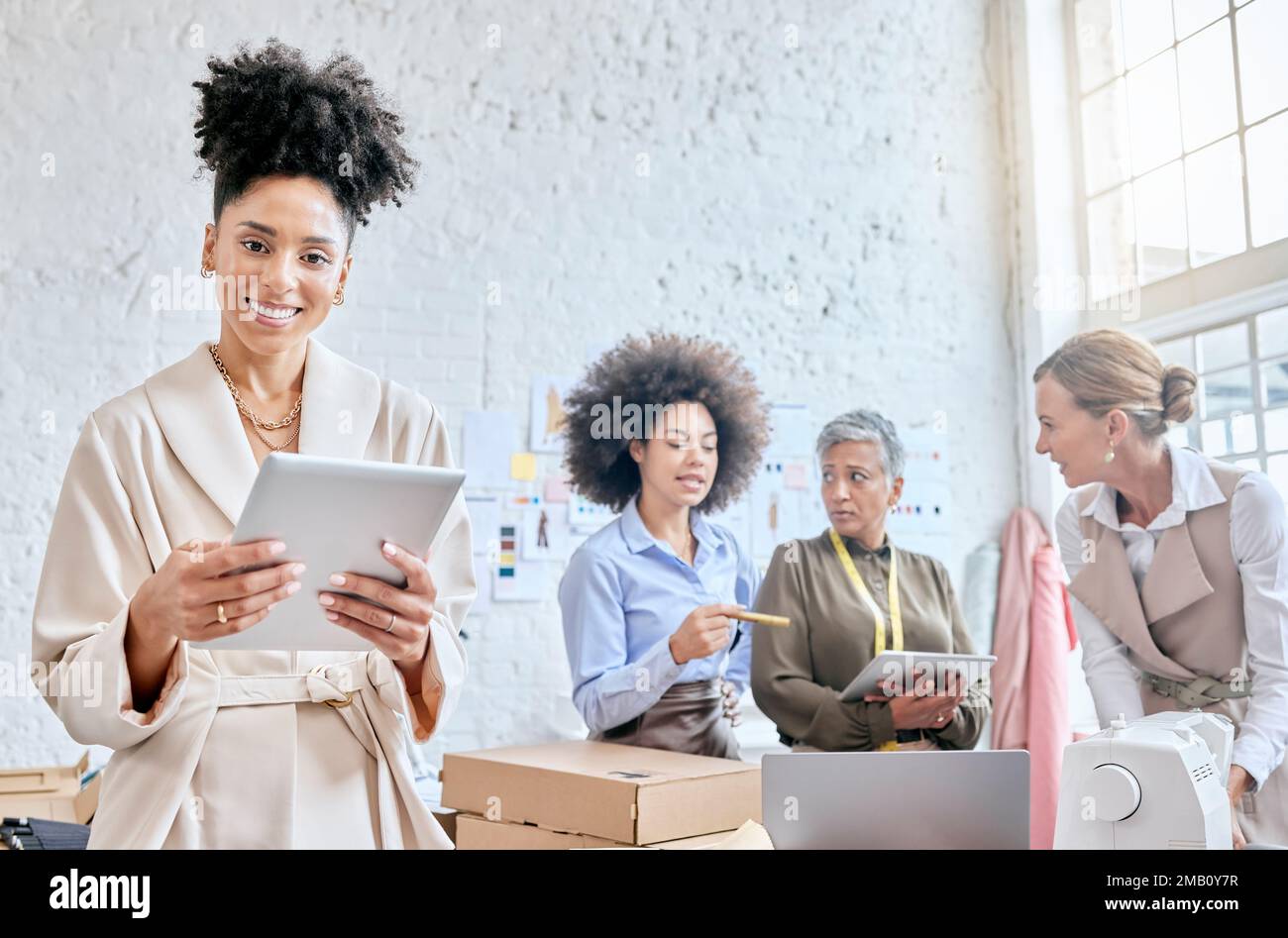 Manager portrait, ecommerce delivery tablet or team diversity, package ...