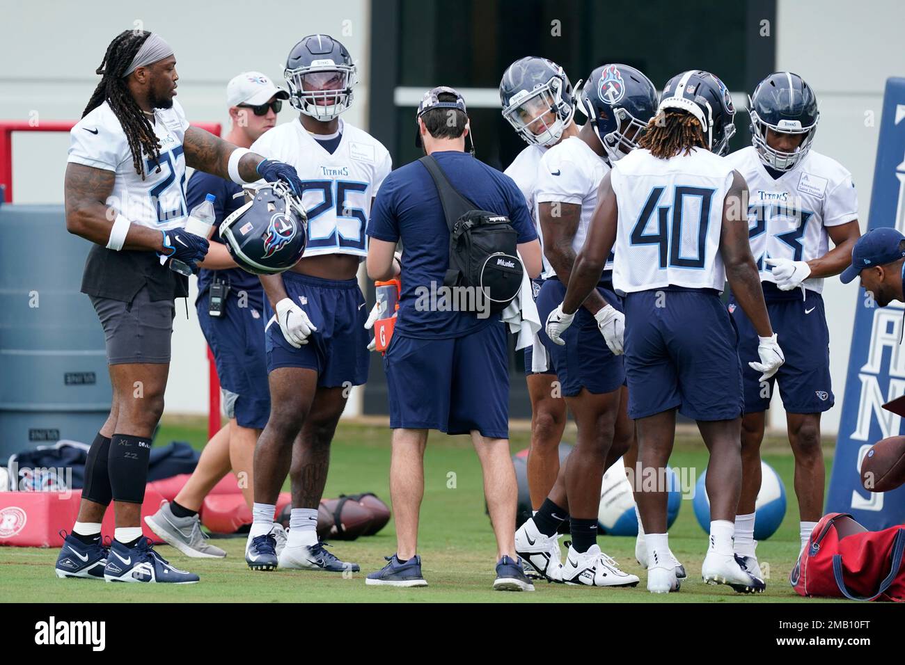 Tennessee Titans running backs Derrick Henry (22), and Hassan Haskins
