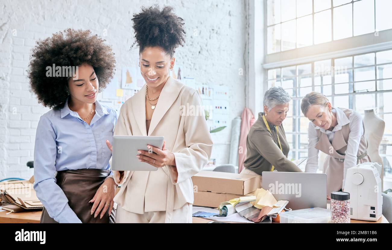 Manager, ecommerce delivery tablet or team work, package box or stock product for commercial sale distribution. Logistics courier shipping, retail Stock Photo