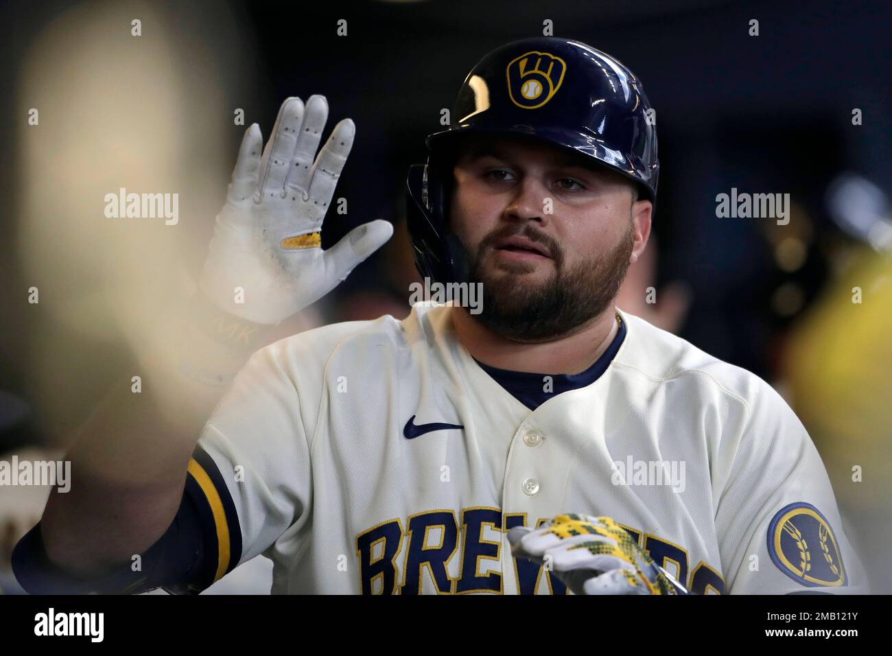 Milwaukee Brewers' Rowdy Tellez smiles during the fourth inning of