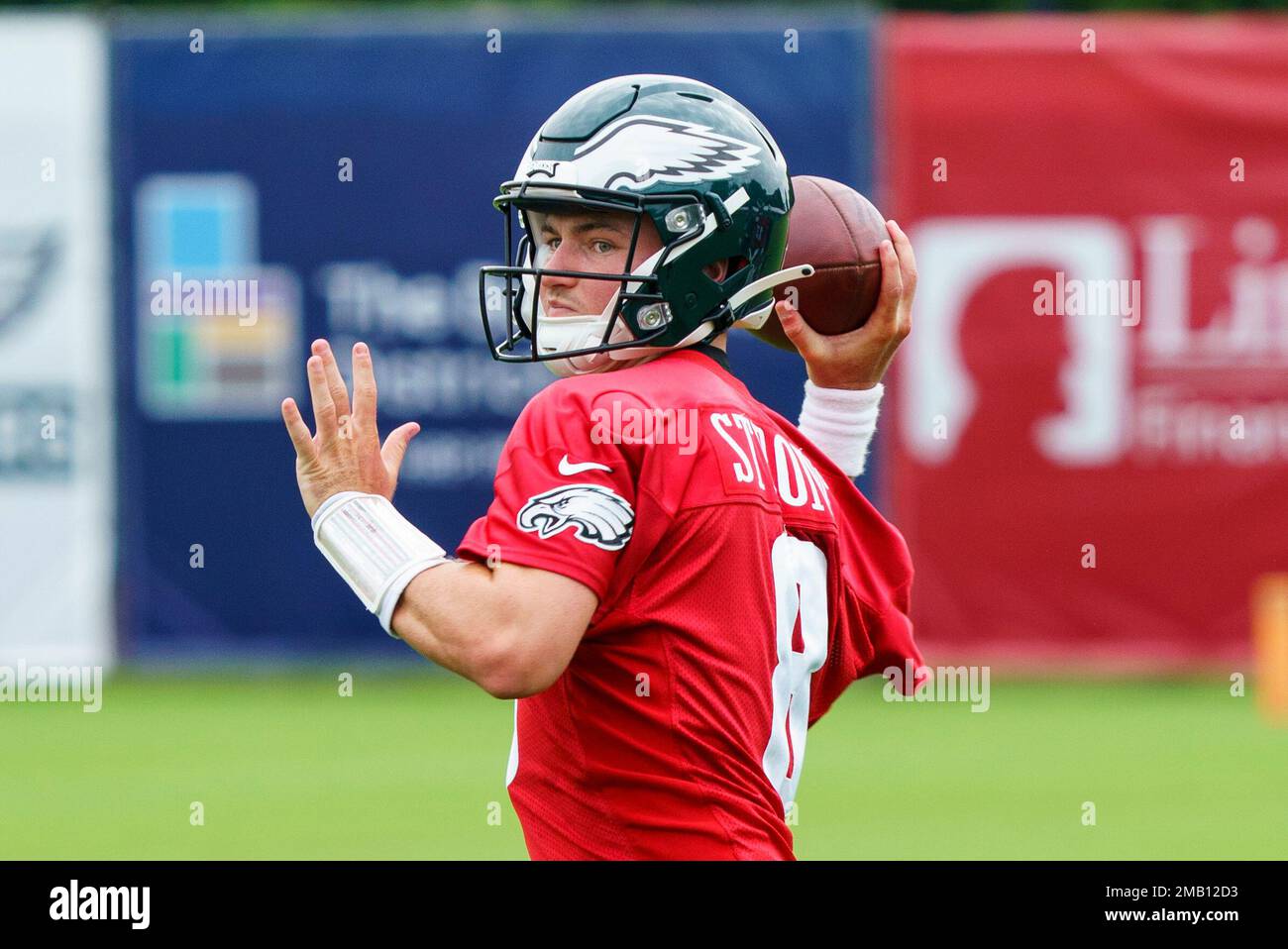 Philadelphia Eagles' Carson Strong in action during practice at NFL  football team's training camp, Wednesday, July 27, 2022, in Philadelphia.  (AP Photo/Chris Szagola Stock Photo - Alamy