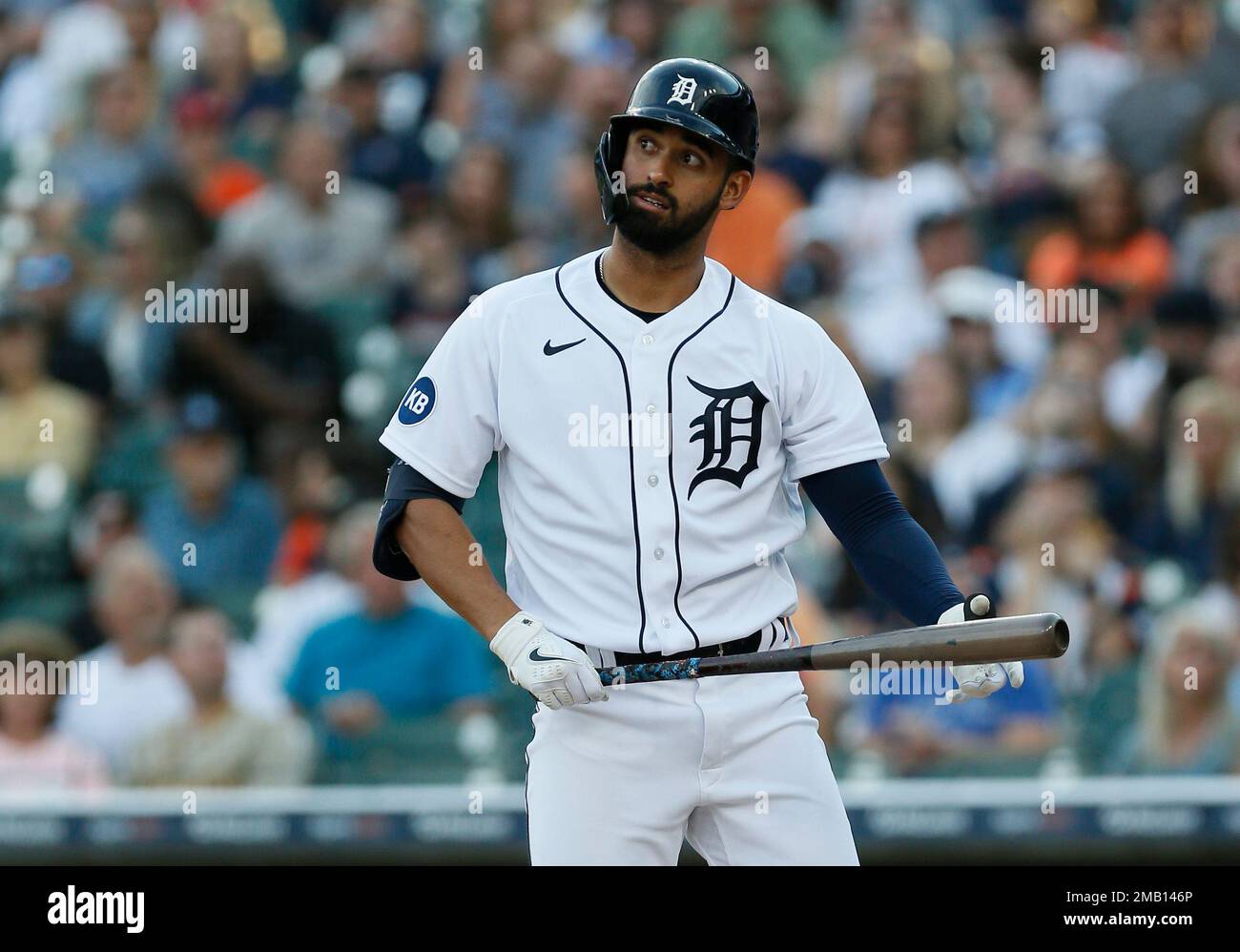 Detroit Tigers Riley Greene during an at-bat against the San Diego Padres in the first inning of a baseball game Tuesday, July 26, 2022, in Detroit
