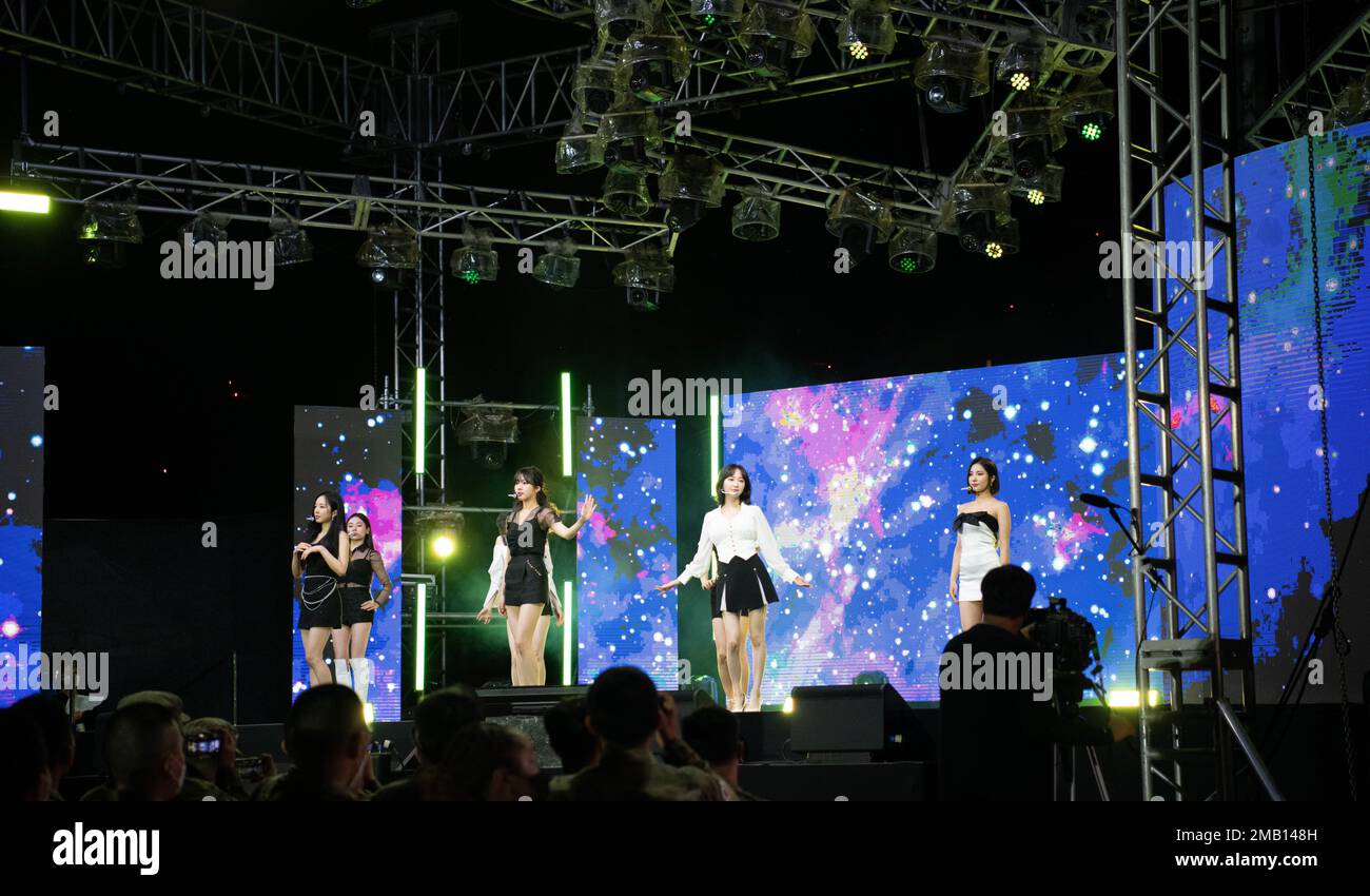 Alice performs at a K-Pop concert held on Balboni Field at Camp Humphreys, June 9, 2022. KATUSA & U.S. Soldier Friendship week is held to promote friendship and cross-cultural understanding between KATUSA and U.S. Soldiers. Additional performers included Young K, Layone, 3YE, Jamie, and the Eighth Army Band. Stock Photo