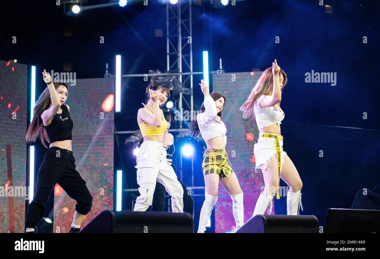3YE performs at a K-Pop concert held on Balboni Field at Camp Humphreys, June 9, 2022. KATUSA & U.S. Soldier Friendship week is held to promote friendship and cross-cultural understanding between KATUSA and U.S. Soldiers. Additional performers included Young K, Layone, Jamie, Alice, and the Eighth Army Band. Stock Photo
