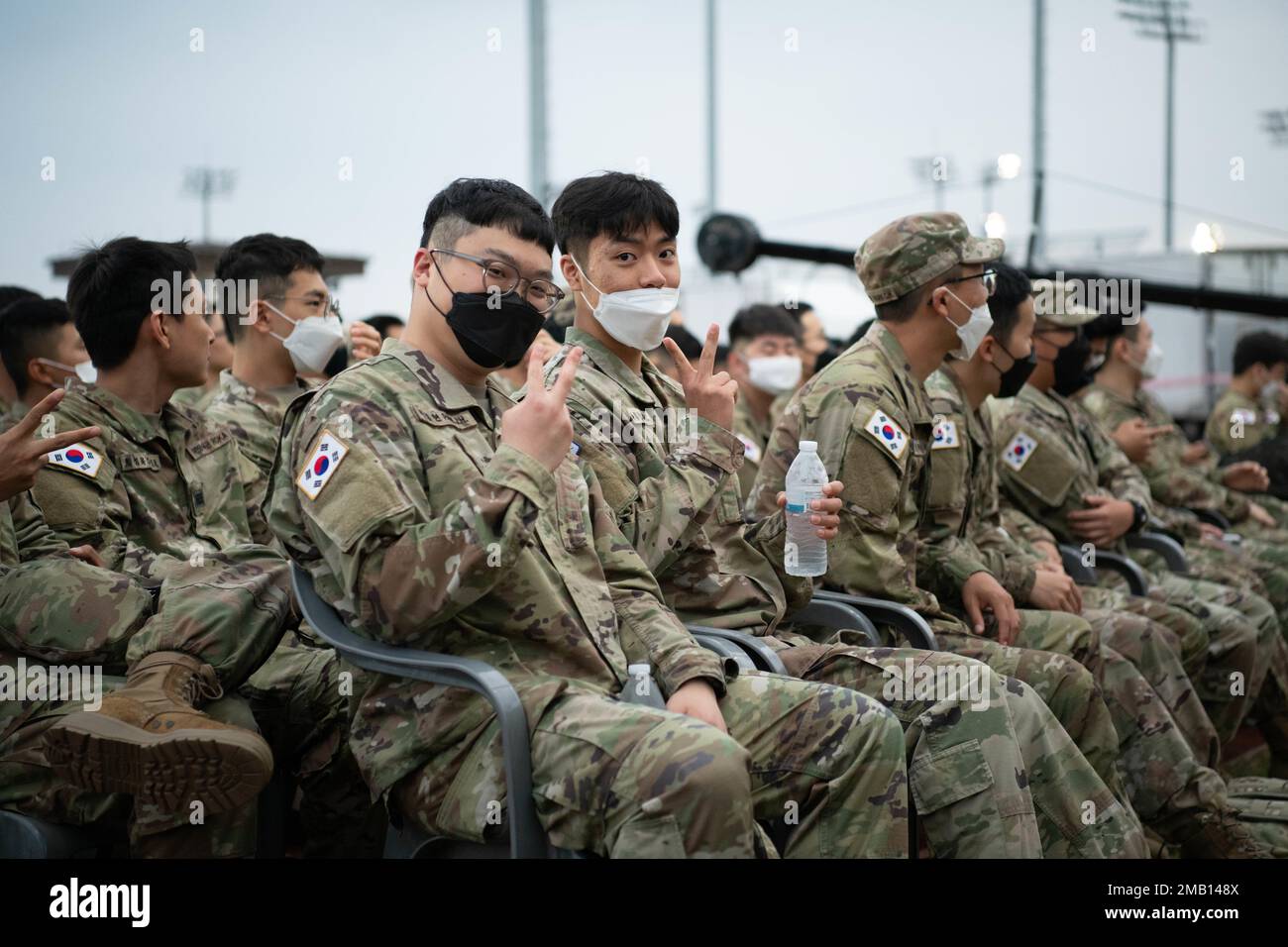 KATUSA and U.S. Soldiers celebrate the 72nd anniversary of the Korean War and the establishment of the KATUSA Program at a K-Pop concert held on Balboni Field at Camp Humphreys, June 9, 2022. Performers included Young K, Layone, 3YE, Jamie, Alice, and the Eighth Army Band. KATUSA & U.S. Soldier Friendship week is held to promote friendship and cross-cultural understanding between KATUSA and U.S. Soldiers. Stock Photo