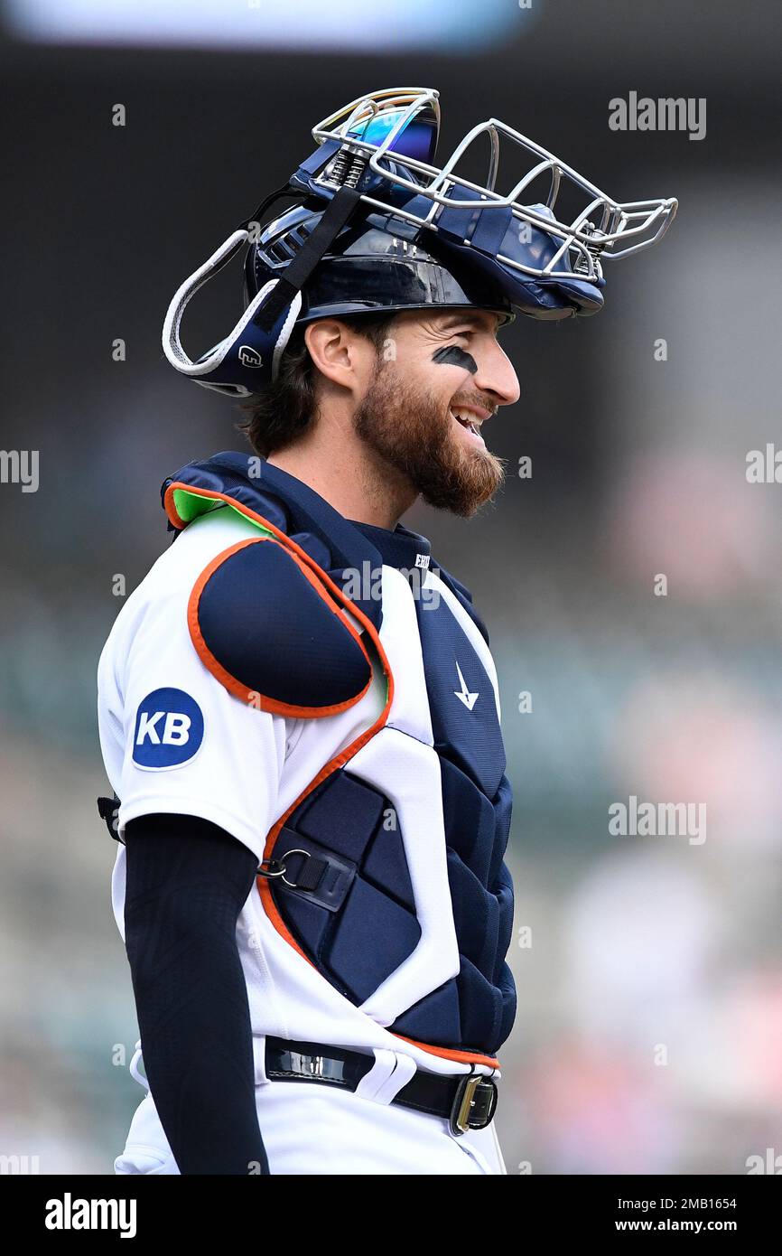 Detroit Tigers catcher Eric Haase smiles as walks to home plate before a  baseball game against the San Diego Padres, Monday, July 25, 2022, in  Detroit. (AP Photo/Jose Juarez Stock Photo - Alamy