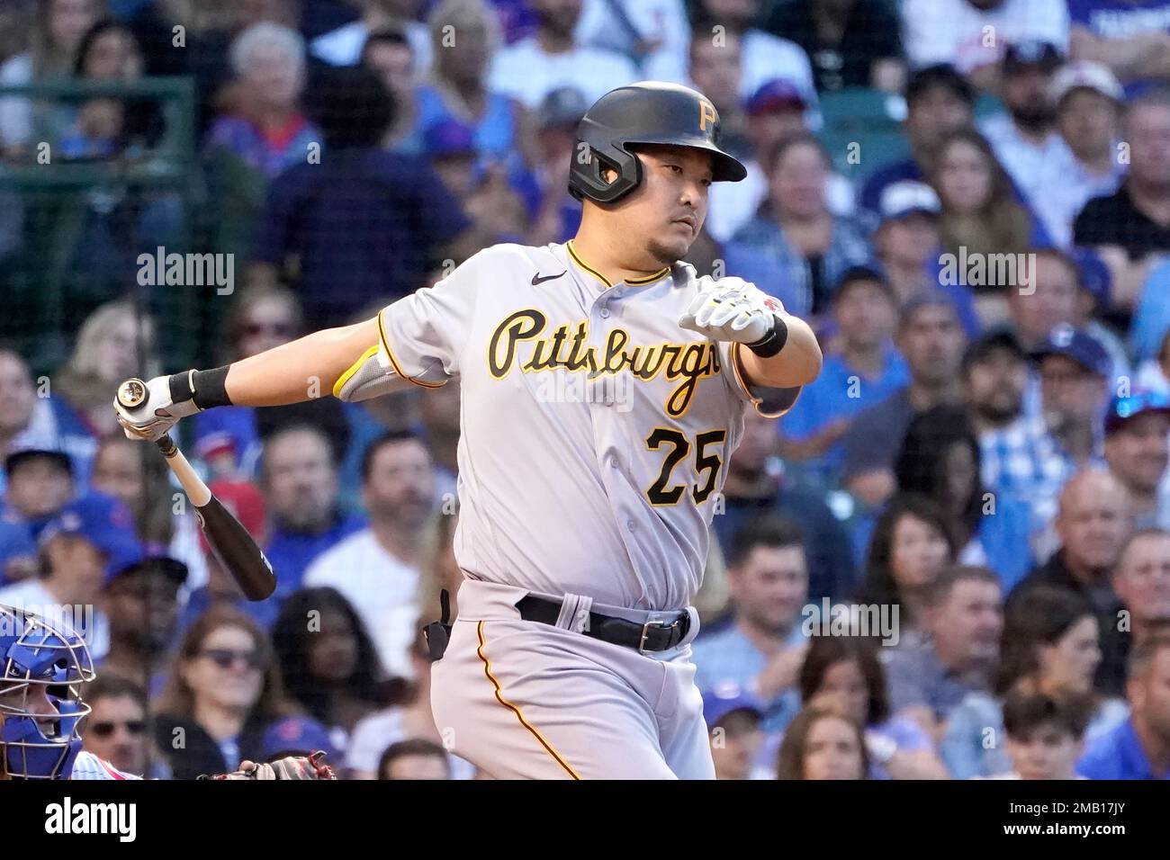 Pittsburgh Pirates' Yoshi Tsutsugo comes up to bat during the third inning  of a baseball game against the St. Louis Cardinals Sunday, Aug. 22, 2021,  in St. Louis. (AP Photo/Jeff Roberson Stock