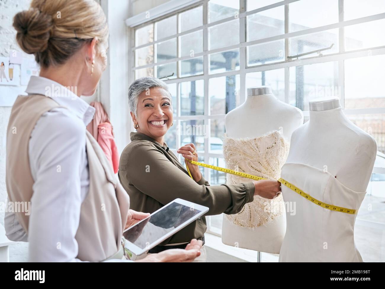 Fashion, designer and tape with business people and mannequin for